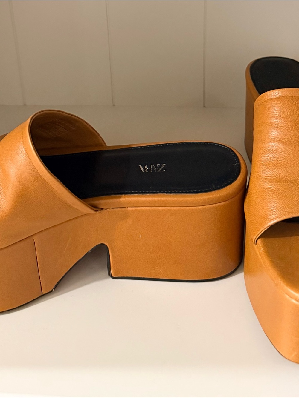 100% genuine leather tan Platform Slide Mules with Black Insole